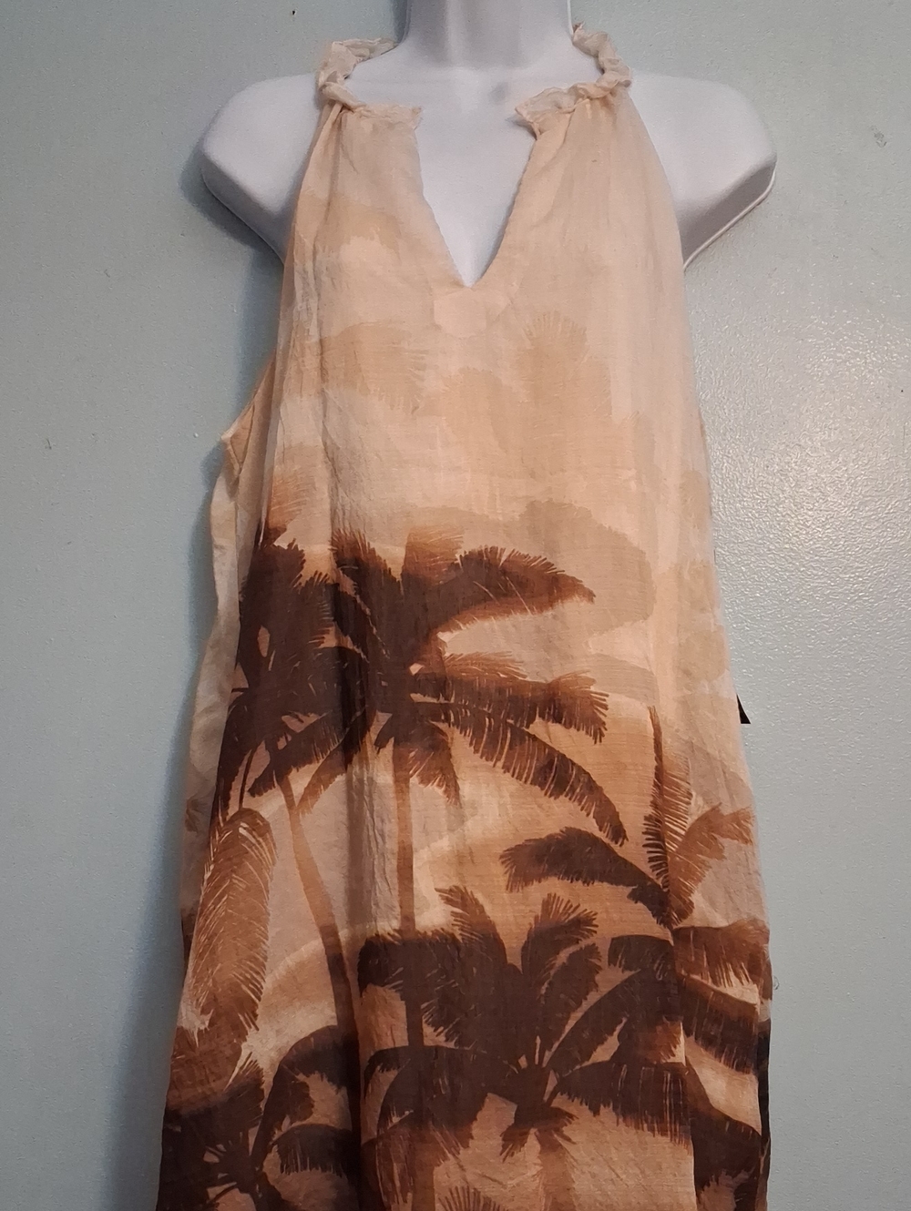 London Times Size 10 Women's Beige,Brown Tropical Palm Print Halter Neck Dress